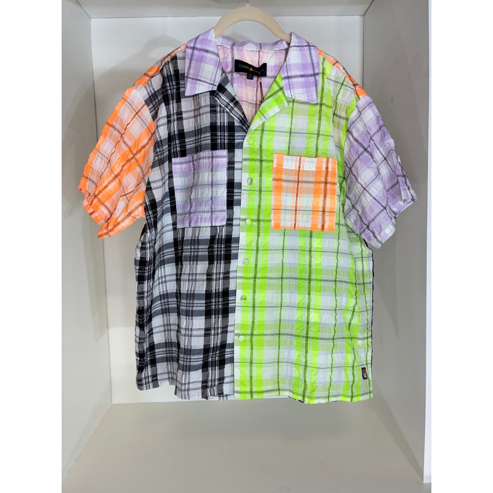 Teddy Fresh Plaid Seersucker Button Down Shirt Mens Medium Multicolor Patchwork